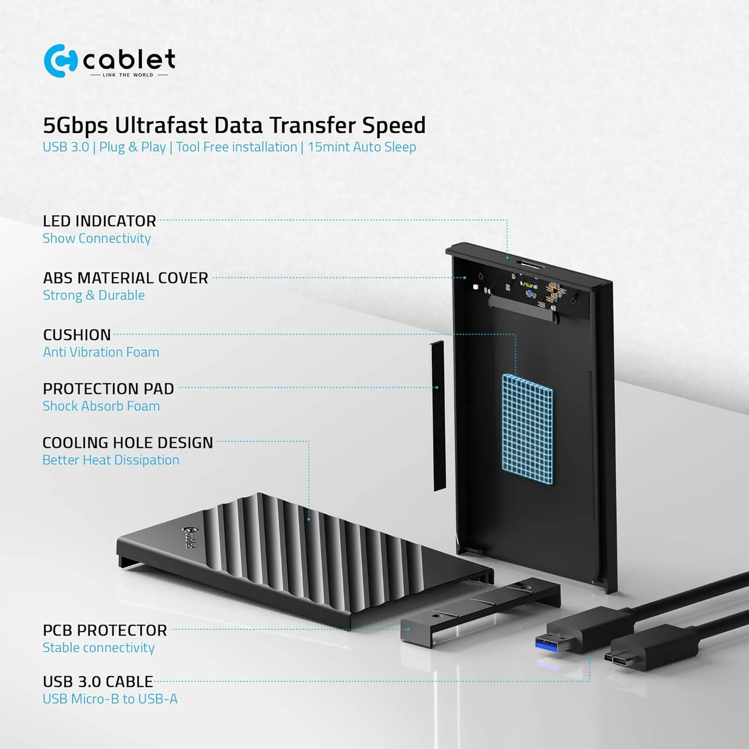 Cablet SSD Casing 2.5 Inch Sata Enclosure USB 3.2 (HD2599-U3) view 3